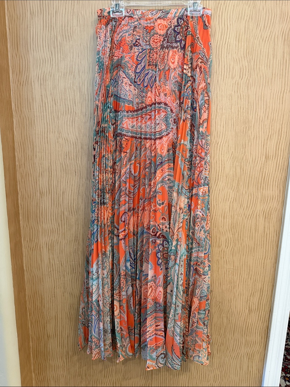 L'AGENCE Coral and Teal Paisley Pleated Maxi Skirt
